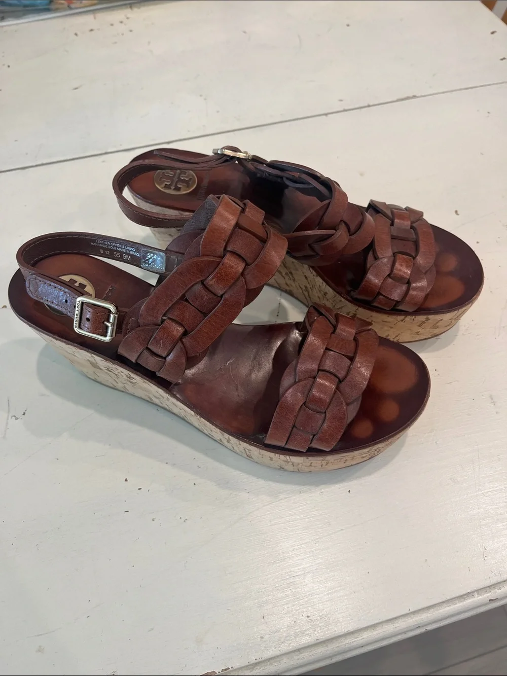 Tory Burch Cognac Braided Leather Cork Wedge Sandals